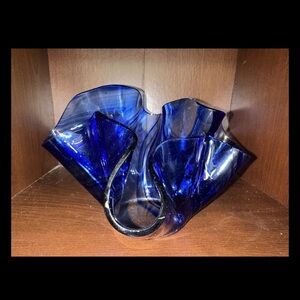 Clear With Cobalt Blue Swirls Art Glass‎ Handkerchief Vase Planter Bowl